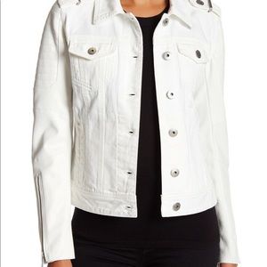 NWT $228 MAXAZRIA White Denim & Faux Leather Sleeves Moto Jacket Small
